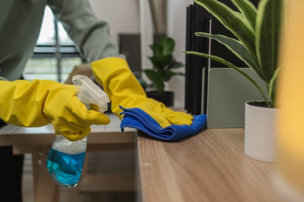 the wife is cleaning her husband home office, cleanup the room, wearing rubber glove to protect her hands, the housekeeper is cleaning the house, tidy up